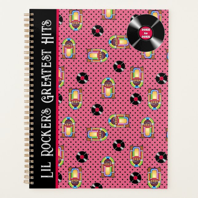 Retro Jukebox Vinyl Records Music Pink Personalise Planner (Front)