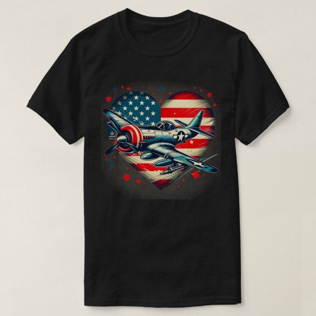 Retro july 4th Fighter Jet Aeroplane American Flag T-Shirt (Design Front)