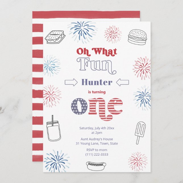 Retro July 4th Fireworks 1st Birthday Party Invitation (Front/Back)