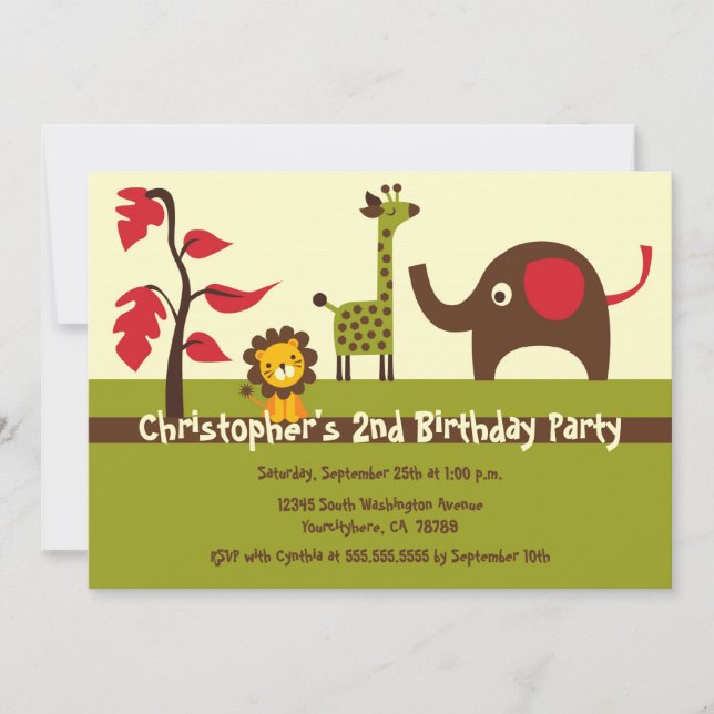 Retro jungle animals boy birthday party invitation (Front)