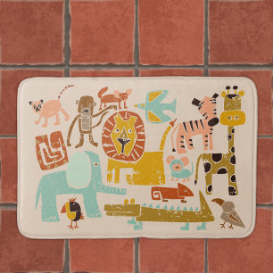Retro Jungle Animals Cute Illustrated Bath Mat