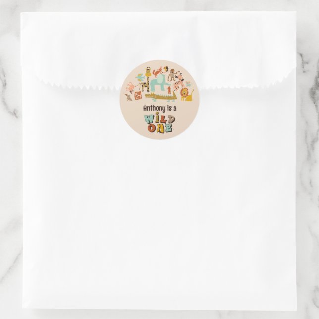 Retro Jungle Animals Wild One First Birthday Classic Round Sticker (Bag)
