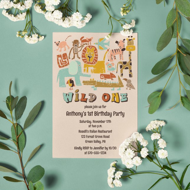 Retro Jungle Animals Wild One First Birthday Invitation (Creator Uploaded)