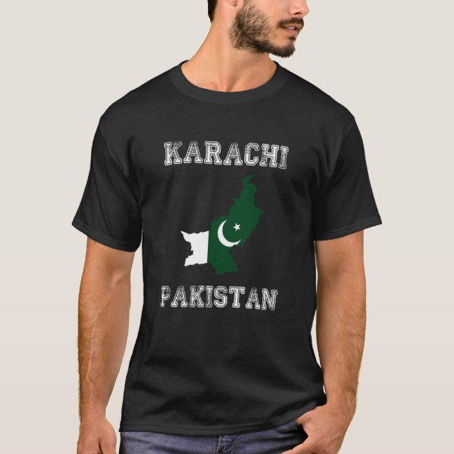 Retro Karachi Pakistan Distressed Pakistan Flag T-Shirt (Front)