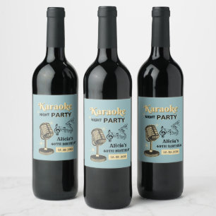 Retro Karaoke Night Party Teal & Cream Birthday Wine Label