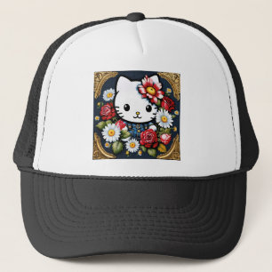 Retro Kawaii Cat in Gold Frame with Flowers Trucker Hat
