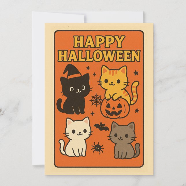 Retro Kawaii Cats Halloween Invitation Card (Front)