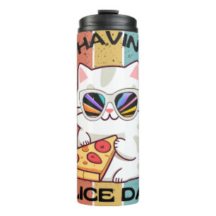 Retro Kawaii cute cat eating pizza Thermal Tumbler