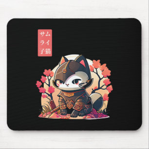 Retro Kawaii Samurai Cat with Cherry Blossom Tree  Mouse Pad