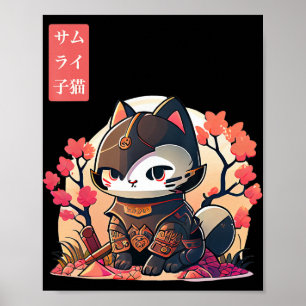 Retro Kawaii Samurai Cat with Cherry Blossom Tree Poster