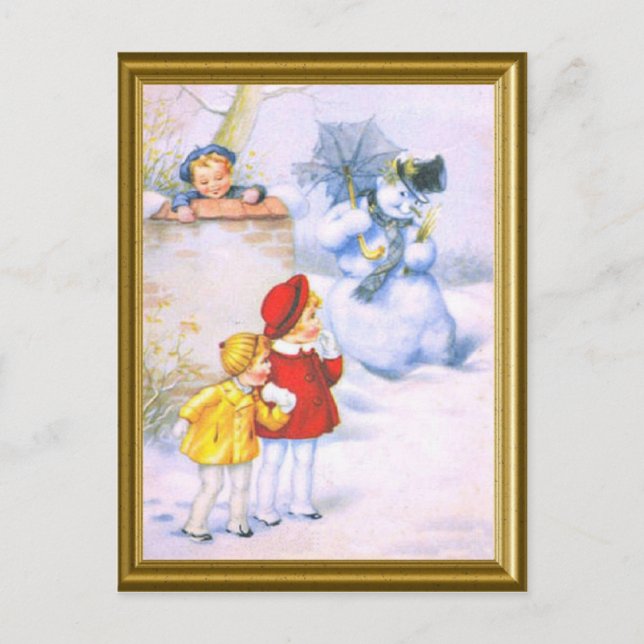 REtro kids and the snowman Holiday Postcard (Front)