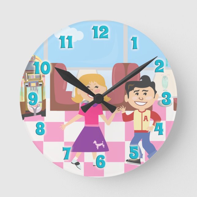 Retro Kids Vintage Cartoon Art Diner Party Toon Round Clock (Front)