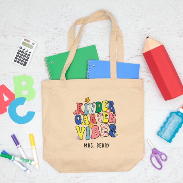 Retro Kindergarten Vibes Teacher Large Tote Bag (Creator Uploaded)