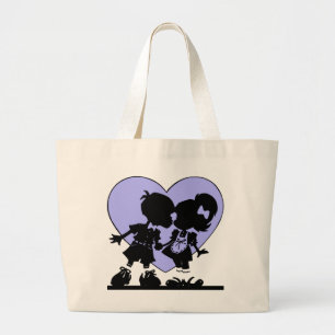 Retro Kiss Cartoon Boy and Girl Blue heart Large Tote Bag