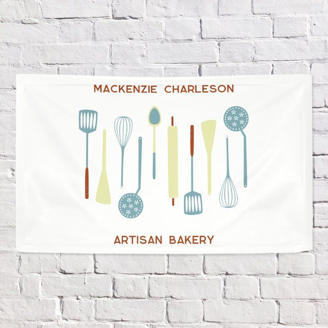 Retro Kitchen Bakery Cafe Catering Business Banner (Vintage kitchen utensils custom banner for bakery, catering business, cafe, patissery and more)