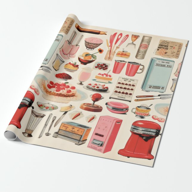 Retro Kitchen Cakes and Tools Wrapping Paper (Unrolled)