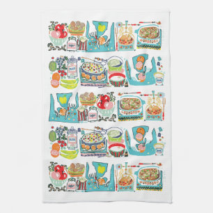 Retro Kitchen Cook Book Illustration Aqua Tea Towel