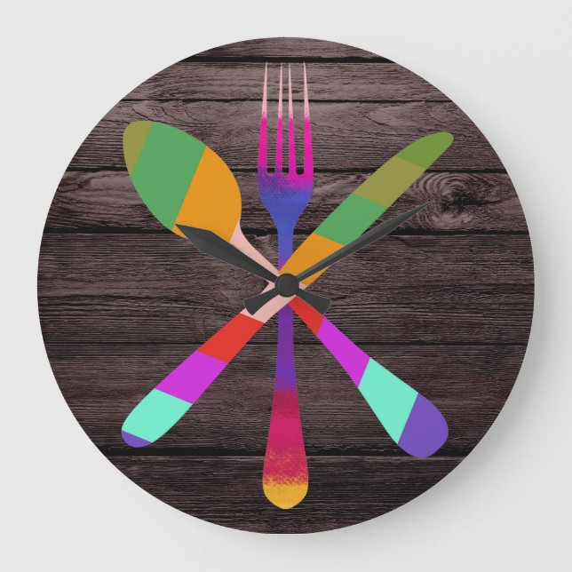 Retro Kitchen Cooking on Wood Large Clock (Front)