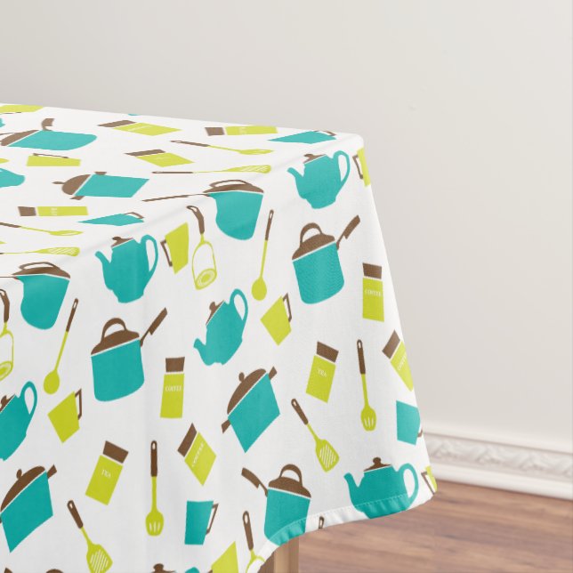 Retro Kitchen Cooking Pan Teapot Pattern Tablecloth (In Situ)
