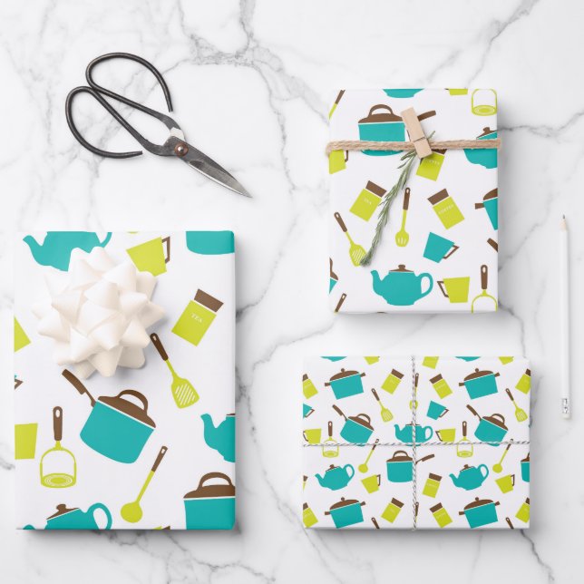 Retro Kitchen Decorative Pots Pans Utensils Theme Wrapping Paper Sheet (Front)