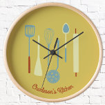 Retro Kitchen Personalised Clock<br><div class="desc">Fun retro kitchen implements.  Change the name or text to personalise.  Original art by Nic Squirrell.</div>