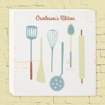 Retro Kitchen Personalised Wooden Box Sign<br><div class="desc">Fun retro kitchen implements.  Change the name or text to personalise.  Original art by Nic Squirrell.</div>
