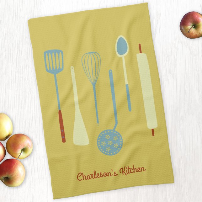Retro Kitchen Personalised Yellow Tea Towel (Retro kitchen utensils personalized yellow kitchen towel with editable text)
