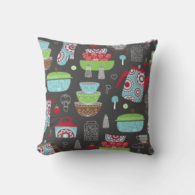 Retro Kitchen Pyrex and Mushroom Pattern Artwork Cushion (Front)