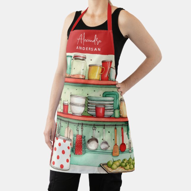 Retro Kitchen Red Script Name Home Cook Apron (Insitu)