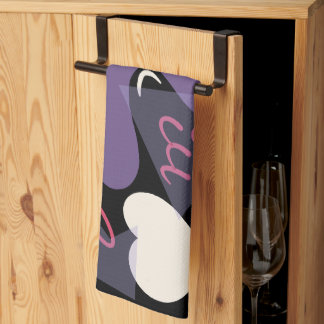 Retro kitchen towel. Black, white, purple, pink Tea Towel