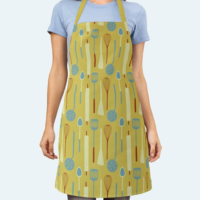 Retro Kitchen Utensils Apron (Retro kitchen utensils fun yellow apron for your favorite cook, chef or baker)