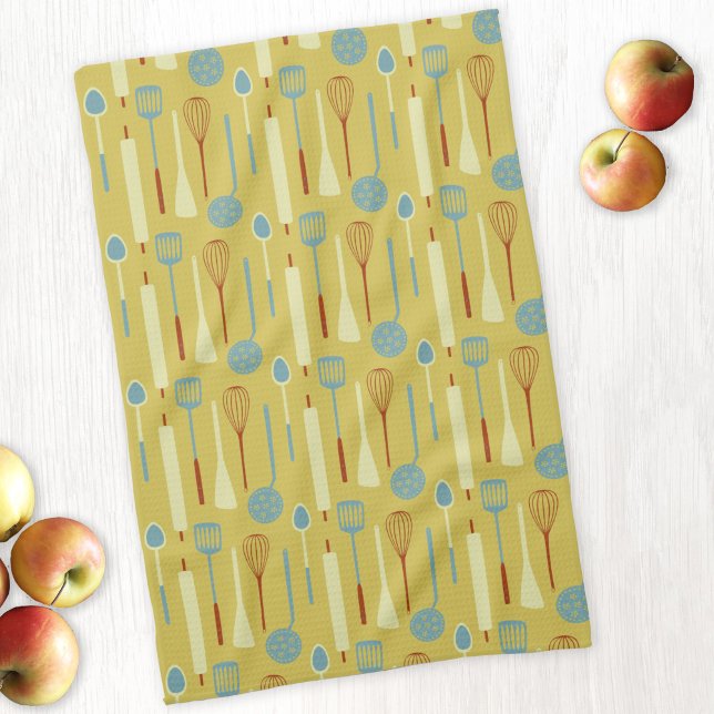 Retro Kitchen Utensils Tea Towel (Retro kitchen utensils yellow kitchen tea towel)