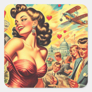 Retro Kitsch Cute Pin-up Square Sticker