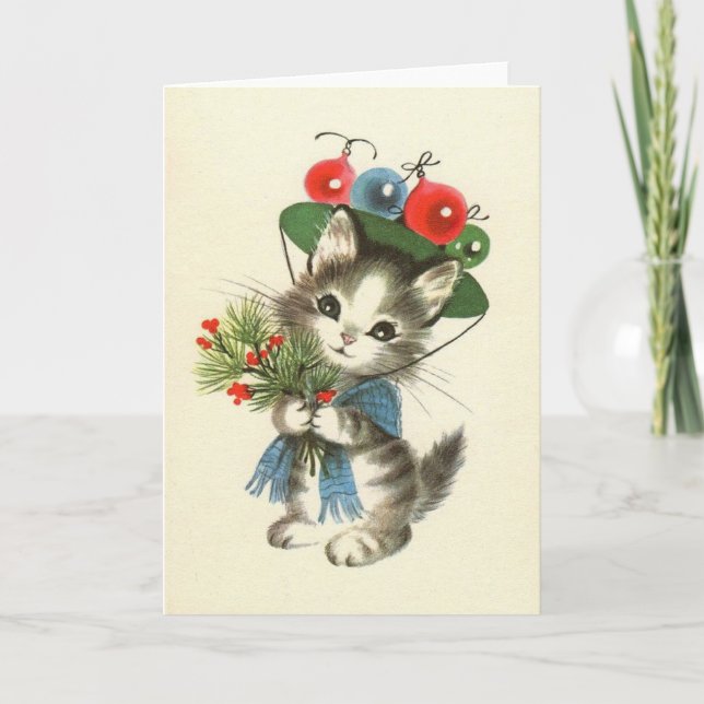 Retro Kitten Holiday Greeting Card (Front)