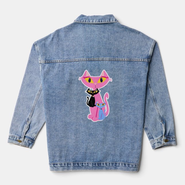 Retro Kitty Trio Cute Fun Cartoon Retro Design Denim Jacket (Back)