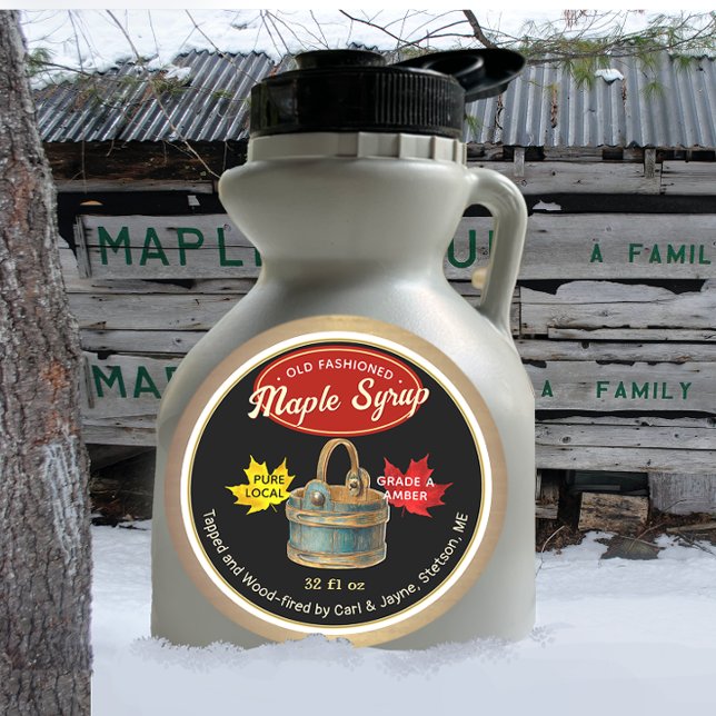 Retro Label Old-Fashioned Maple Syrup with Bucket  (Creator Uploaded)