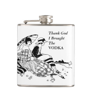 Retro Ladies On Beach Funny Vodka Alcohol Quote Hip Flask