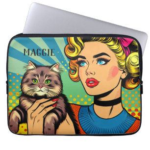 Retro Lady and Cat Personalised Laptop Sleeve