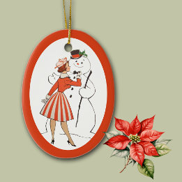 Retro Lady and Snowman Ceramic Ornament