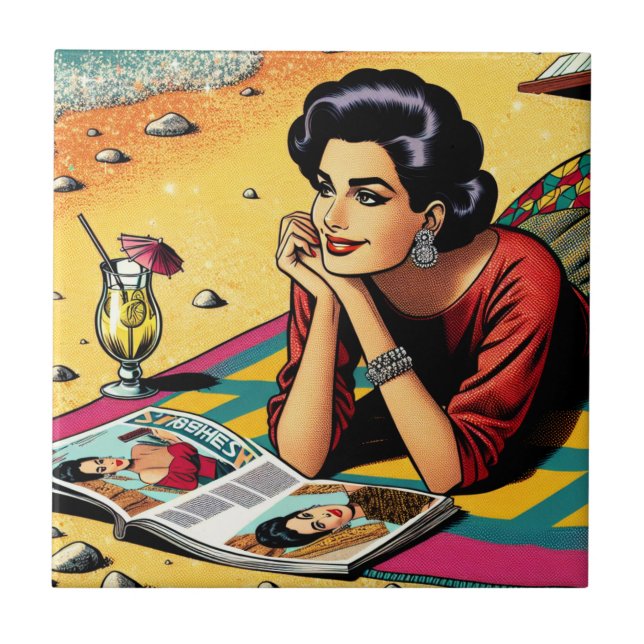 Retro Lady at Beach Daydreaming about Fashion Ceramic Tile (Front)