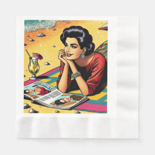 Retro Lady at Beach Daydreaming about Fashion Napkin