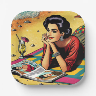 Retro Lady at Beach Daydreaming about Fashion Paper Plate