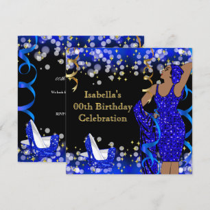 Retro Lady Blue Gold Glitter High Heels Birthday Invitation