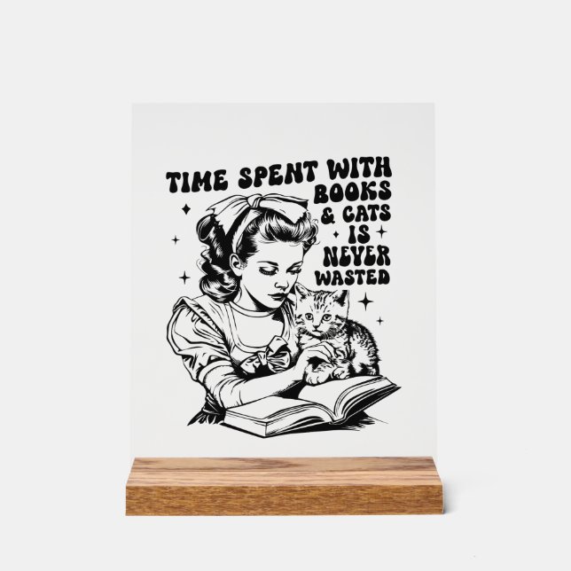 Retro lady book cat lover word art acrylic sign (Front)