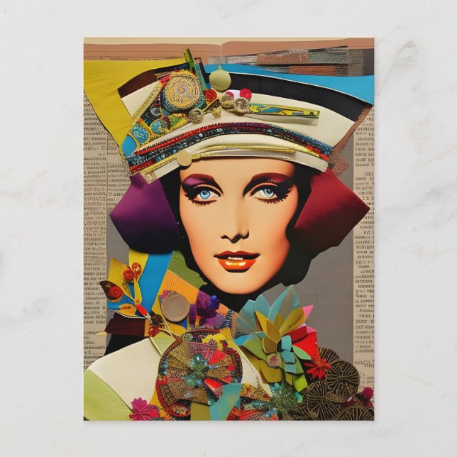 Retro Lady Colourful Mixed Media Collage Abstract Postcard (Front)