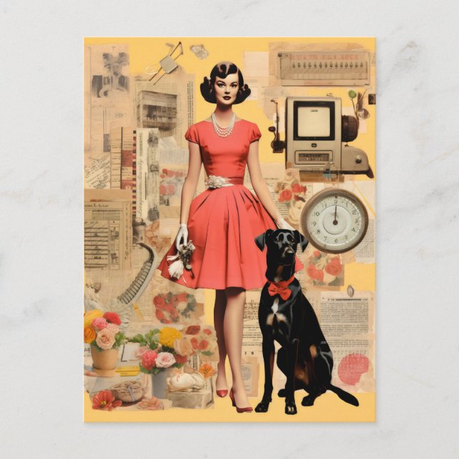 Retro lady in dress with black dog Collage Postcard (Front)