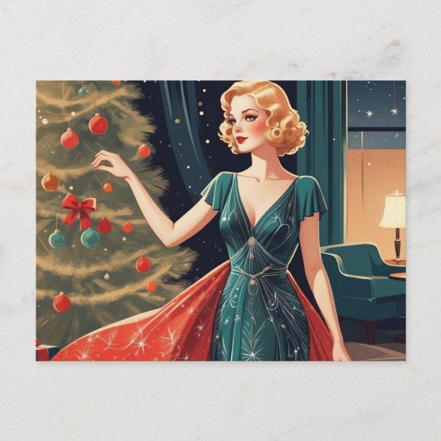 Retro Lady in Pretty Dress, Christmas Tree  Holiday Postcard (Front)