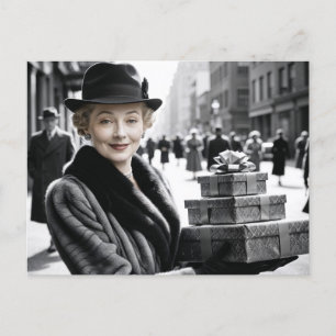 Retro Lady in the Busy Street Holding Presents Holiday Postcard