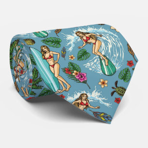 Retro lady surfer pattern tie