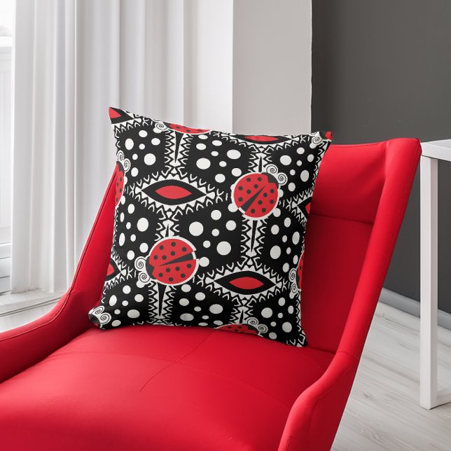 Retro Ladybugs Polka Dot  Red and Black Cushion (Creator Uploaded)